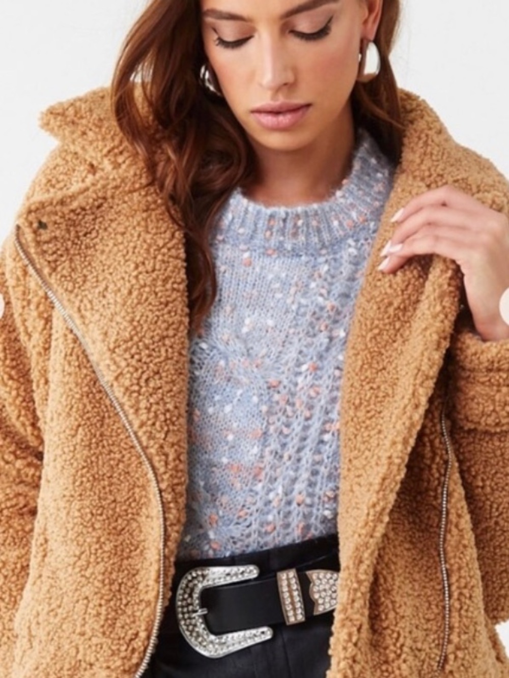 Forever21 Faux Sherpa Moto Style Teddy Jacket in Tan Medium